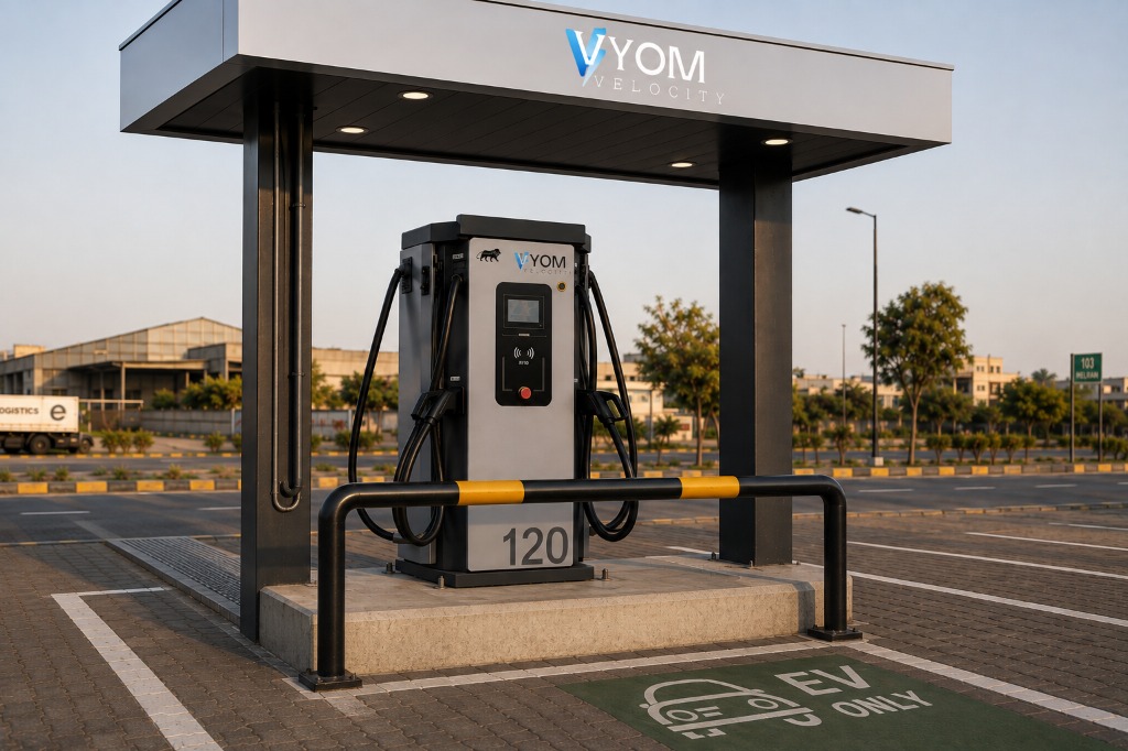 Vyom Velocity EV charging station with 120kW dual-gun DC charger under a branded canopy in a parking lot